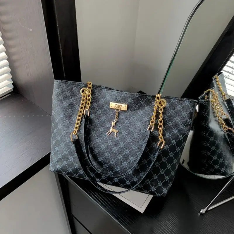 New Presbyopia Handbag Texture Soft Leather Large Capacity Tote Women Bag With Hanging Accessories Shoulder Bag - black