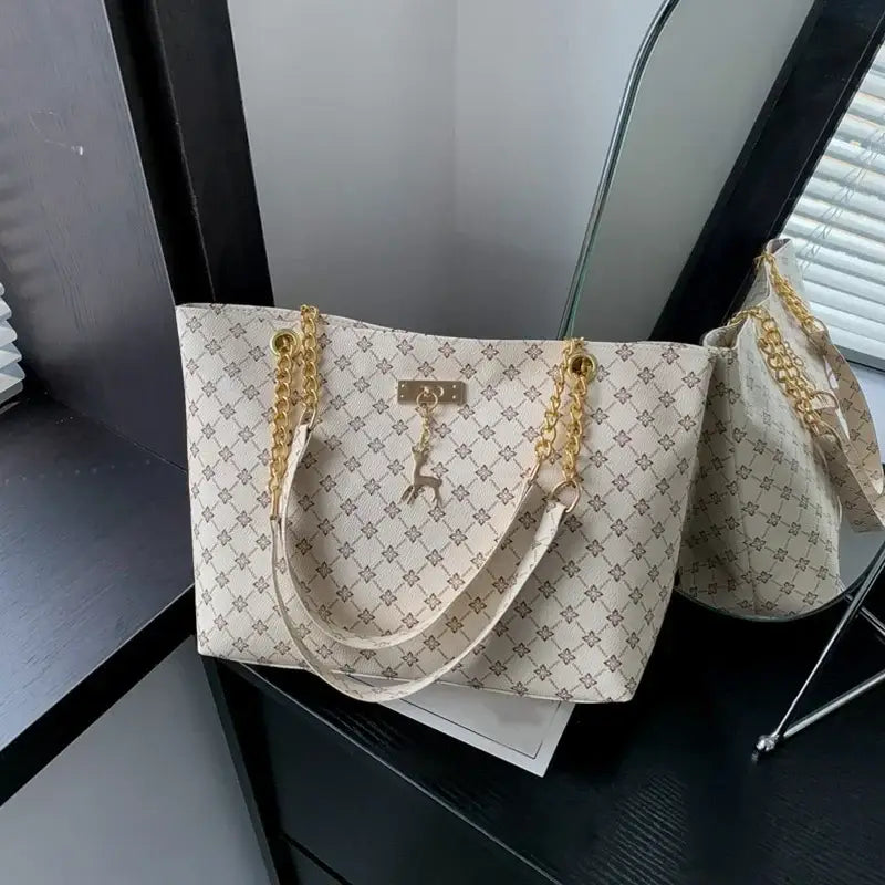 New Presbyopia Handbag Texture Soft Leather Large Capacity Tote Women Bag With Hanging Accessories Shoulder Bag - white