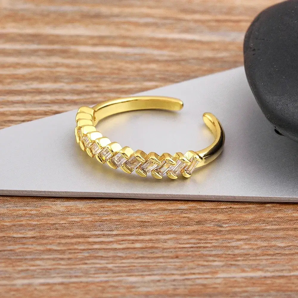 Nidin Fashion Luxury Gold Color Charm AAA Baguette Cubic Zirconia Wedding Rings for Women Zircon Party Adjustable