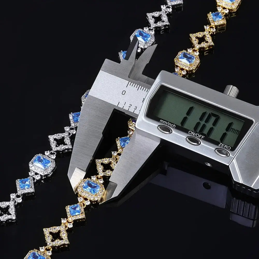 NY Hip Hop Style Custom 11MM Blue Gemstone Iced Hollow Out Star Sparkling Cuban Chain 5A Cubic Zirconia Fashionable
