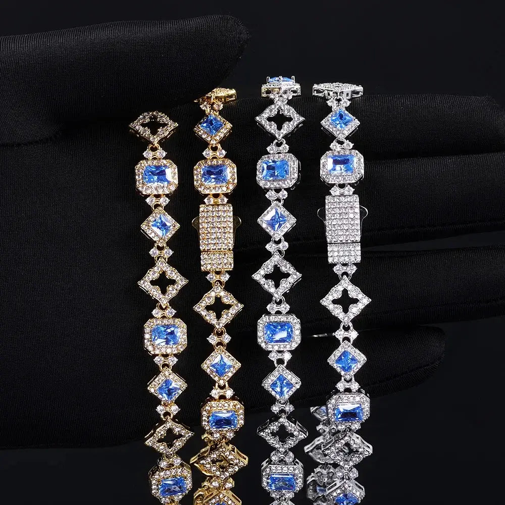 NY Hip Hop Style Custom 11MM Blue Gemstone Iced Hollow Out Star Sparkling Cuban Chain 5A Cubic Zirconia Fashionable