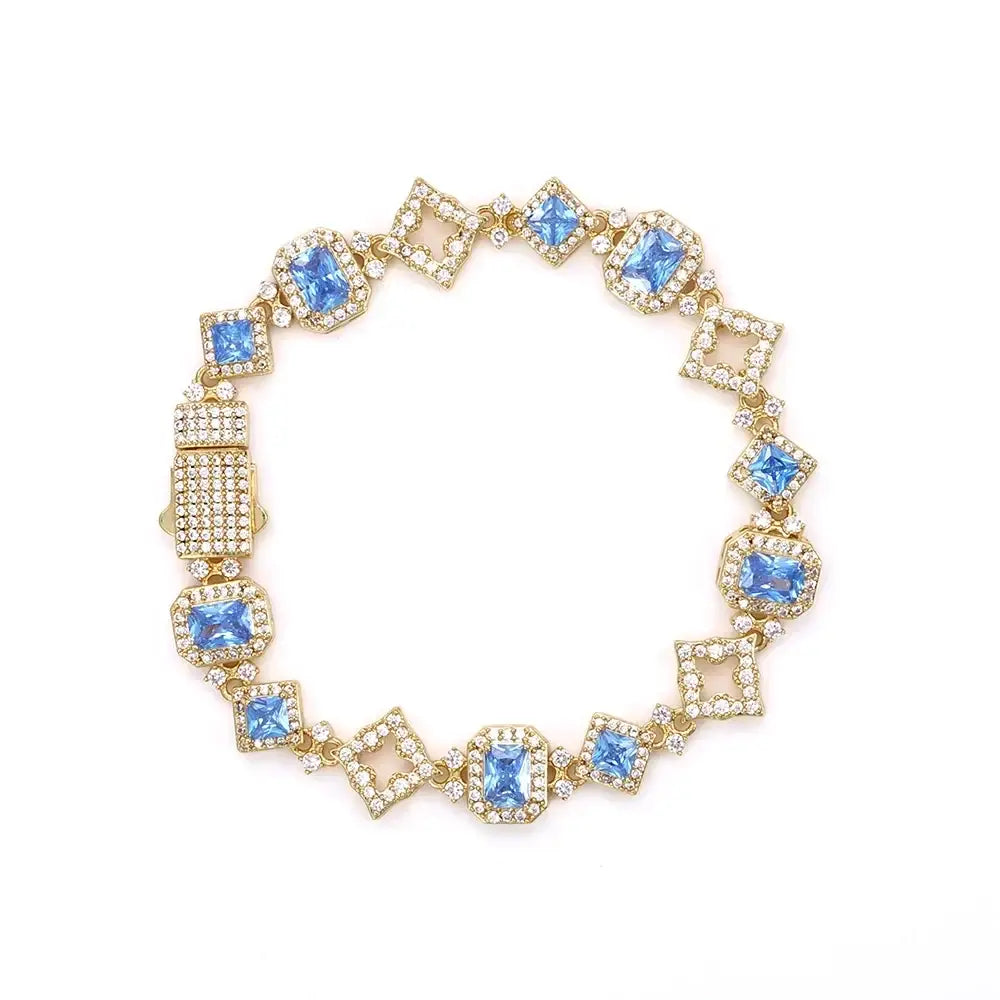 NY Hip Hop Style Custom 11MM Blue Gemstone Iced Hollow Out Star Sparkling Cuban Chain 5A Cubic Zirconia Fashionable