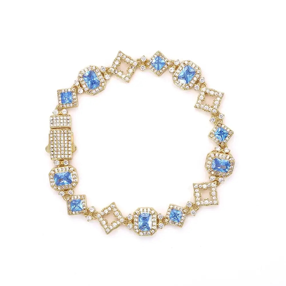 NY Hip Hop Style Custom 11MM Blue Gemstone Iced Hollow Out Star Sparkling Cuban Chain 5A Cubic Zirconia Fashionable