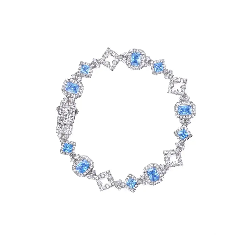 NY Hip Hop Style Custom 11MM Blue Gemstone Iced Hollow Out Star Sparkling Cuban Chain 5A Cubic Zirconia Fashionable