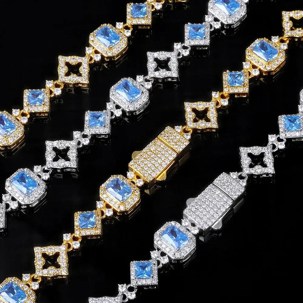 NY Hip Hop Style Custom 11MM Blue Gemstone Iced Hollow Out Star Sparkling Cuban Chain 5A Cubic Zirconia Fashionable