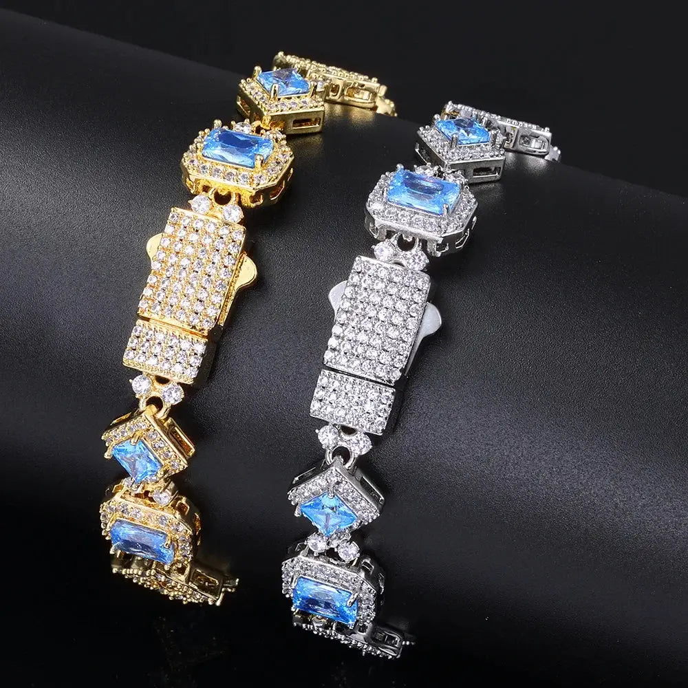 NY Hip Hop Style Custom 11MM Blue Gemstone Iced Hollow Out Star Sparkling Cuban Chain 5A Cubic Zirconia Fashionable