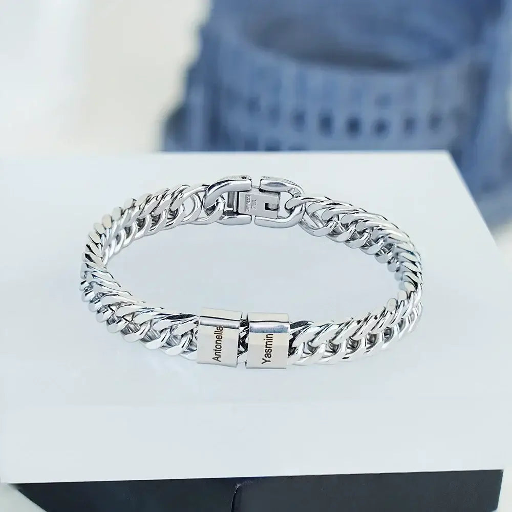 Personalized Family Name Masculine Cuban Chain Bracelet Custom Engraved Multiple Names Silver Plated Jewelry Gift
