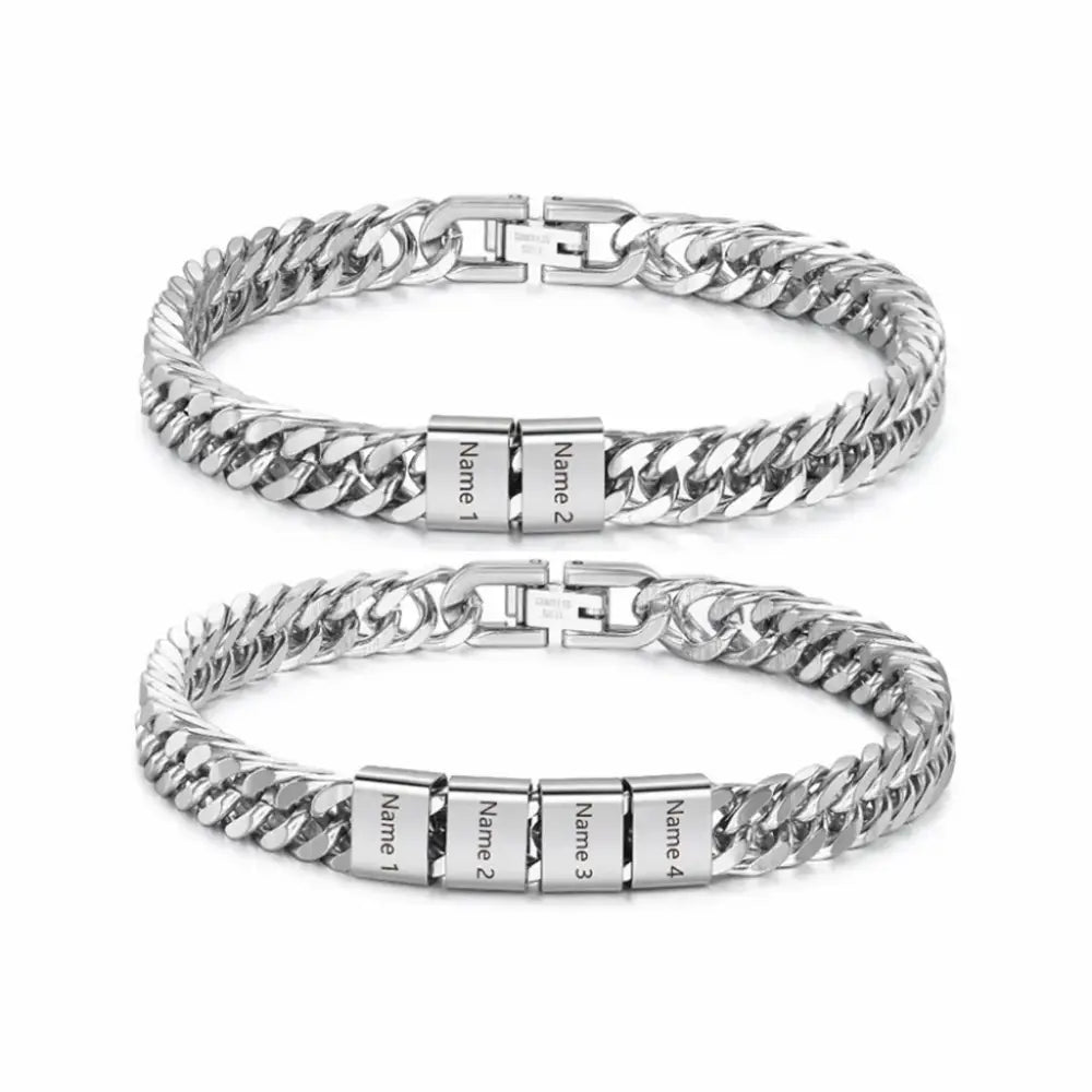 Personalized Family Name Masculine Cuban Chain Bracelet Custom Engraved Multiple Names Silver Plated Jewelry Gift