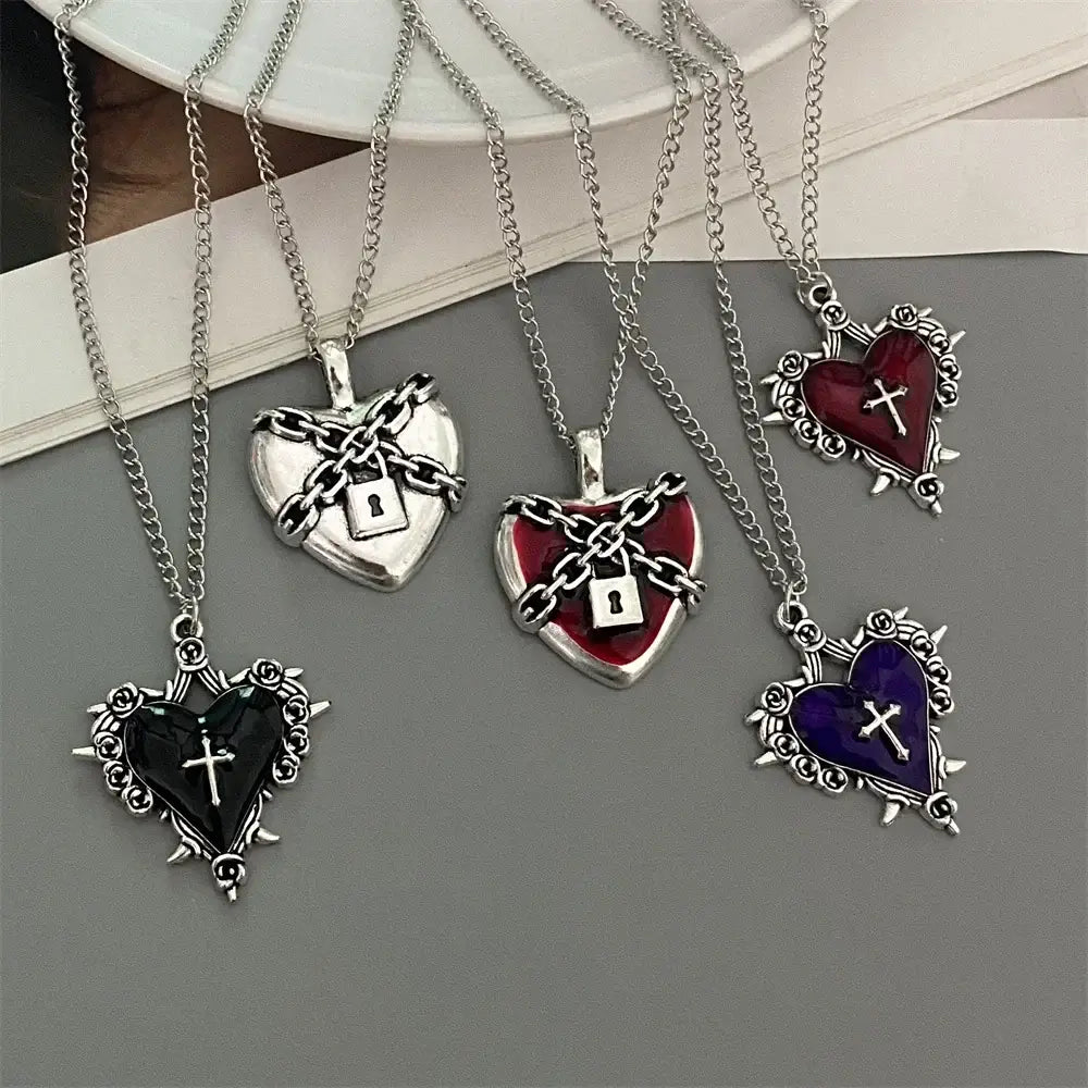 Punk Rock Red Black Heart Pendant Chain Necklace For Men Women Cool Hip Hop Street Vintage Goth Accessories Trendy