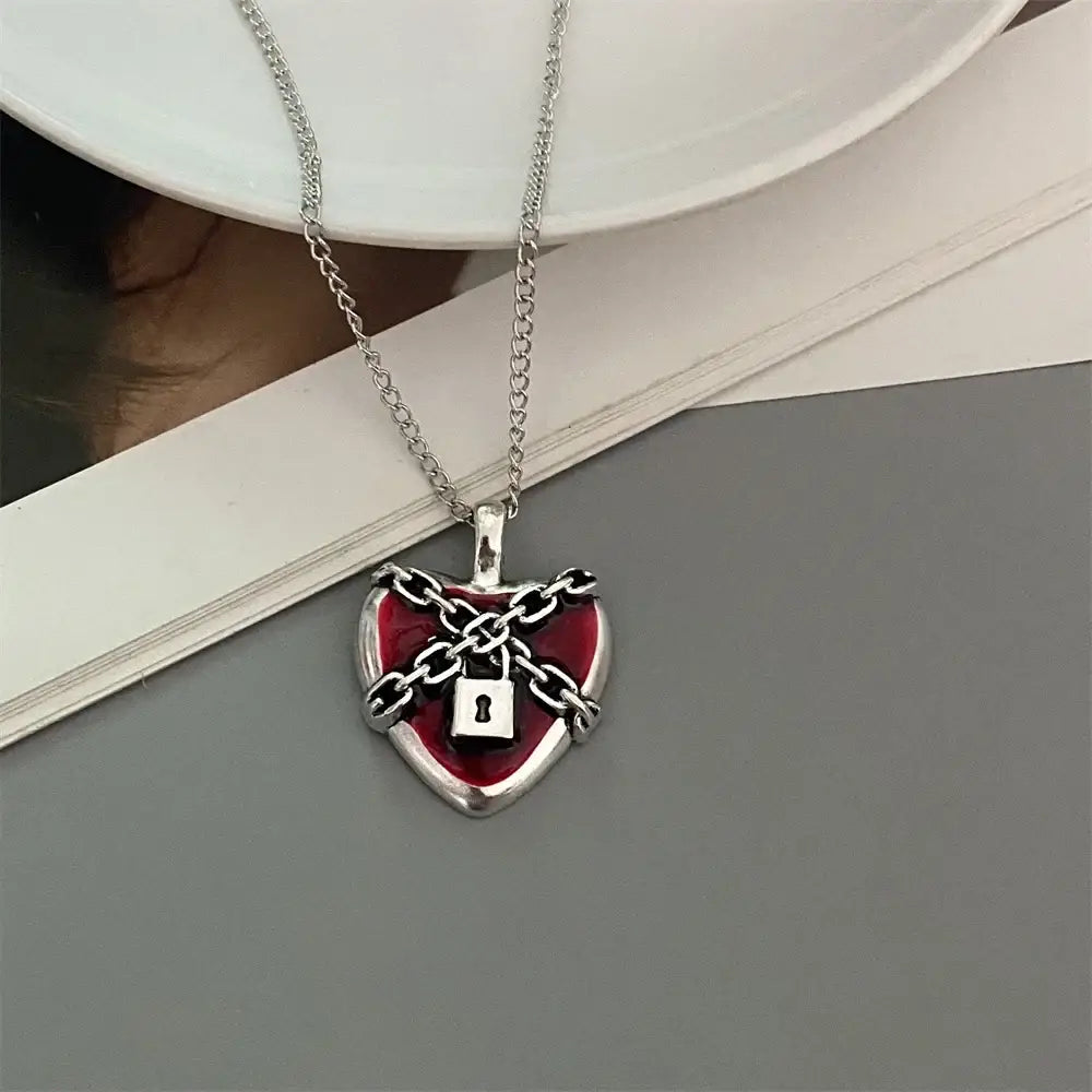 Punk Rock Red Black Heart Pendant Chain Necklace For Men Women Cool Hip Hop Street Vintage Goth Accessories Trendy