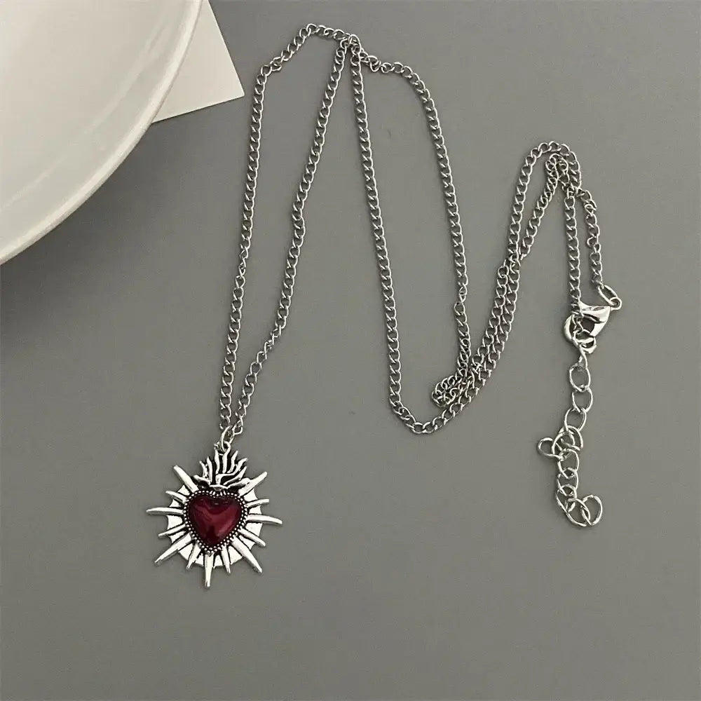 Punk Rock Red Black Heart Pendant Chain Necklace For Men Women Cool Hip Hop Street Vintage Goth Accessories Trendy