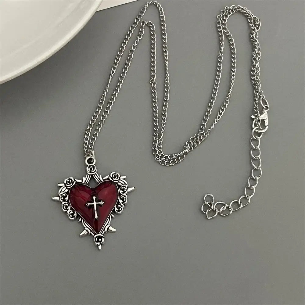 Punk Rock Red Black Heart Pendant Chain Necklace For Men Women Cool Hip Hop Street Vintage Goth Accessories Trendy