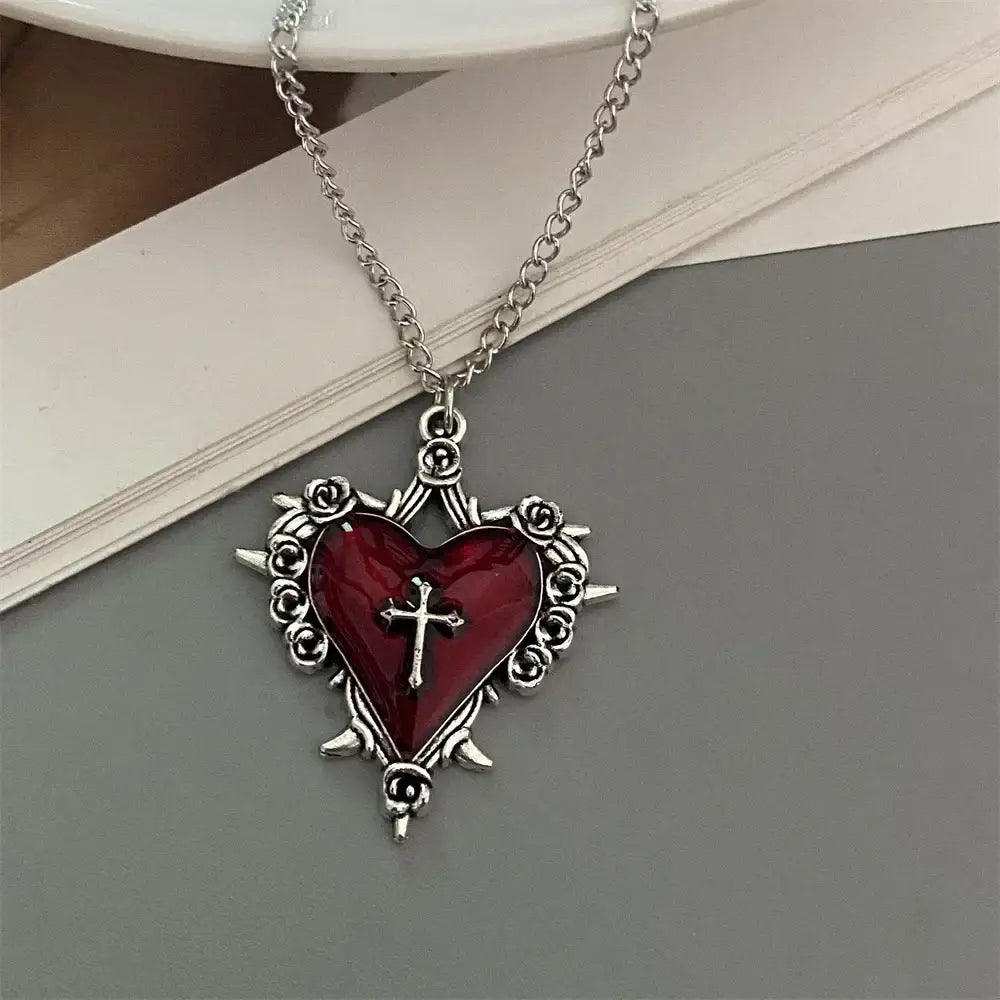 Punk Rock Red Black Heart Pendant Chain Necklace For Men Women Cool Hip Hop Street Vintage Goth Accessories Trendy
