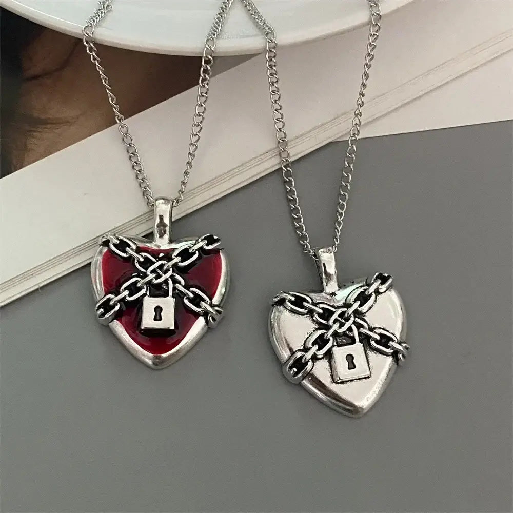 Punk Rock Red Black Heart Pendant Chain Necklace For Men Women Cool Hip Hop Street Vintage Goth Accessories Trendy
