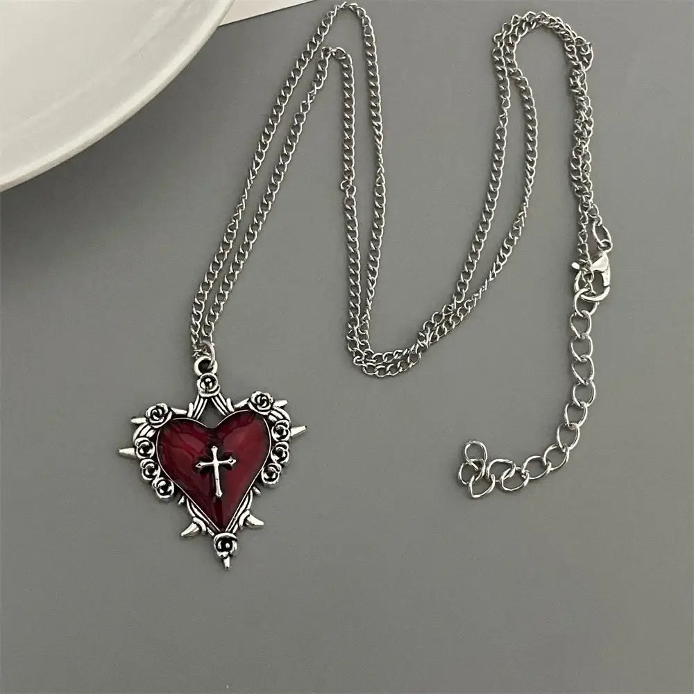 Punk Rock Red Black Heart Pendant Chain Necklace For Men Women Cool Hip Hop Street Vintage Goth Accessories Trendy