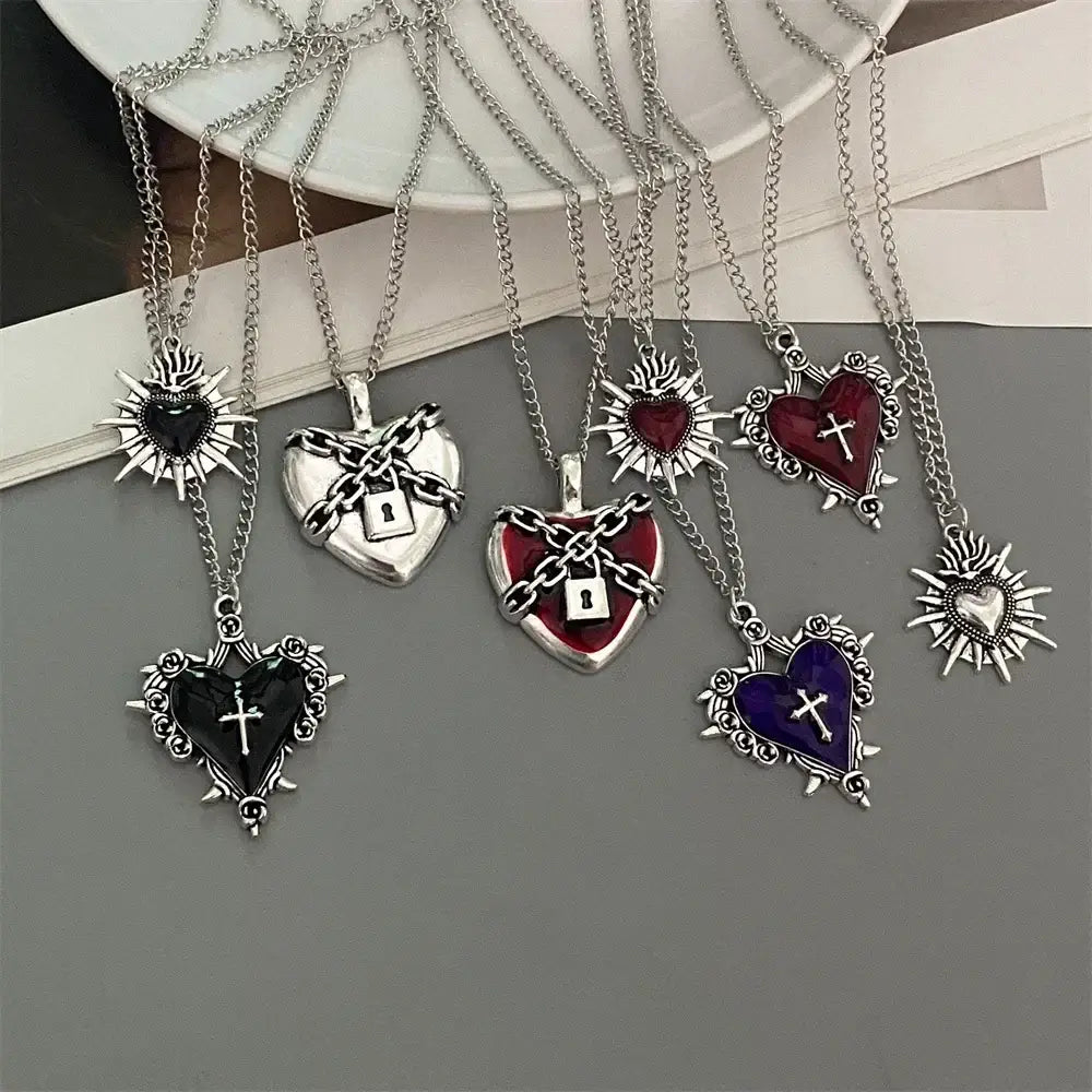 Punk Rock Red Black Heart Pendant Chain Necklace For Men Women Cool Hip Hop Street Vintage Goth Accessories Trendy