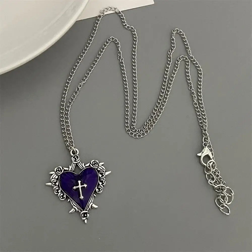 Punk Rock Red Black Heart Pendant Chain Necklace For Men Women Cool Hip Hop Street Vintage Goth Accessories Trendy