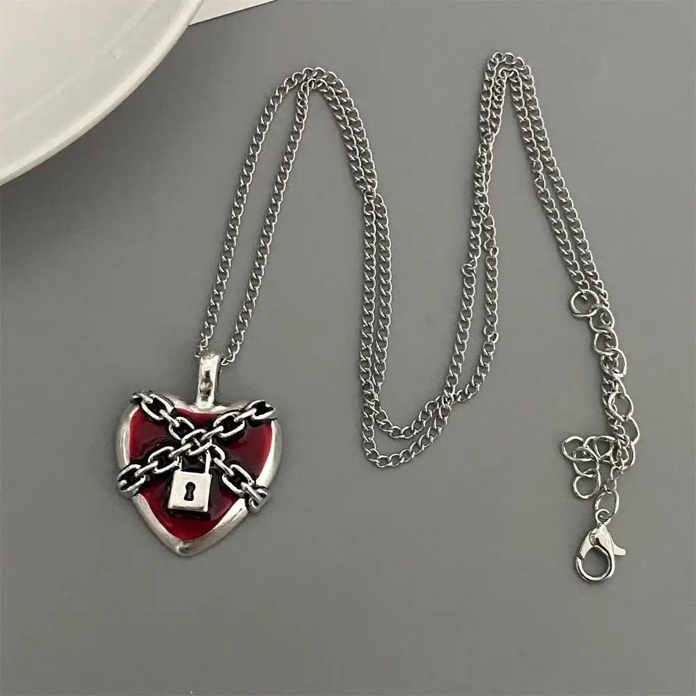 Punk Rock Red Black Heart Pendant Chain Necklace For Men Women Cool Hip Hop Street Vintage Goth Accessories Trendy