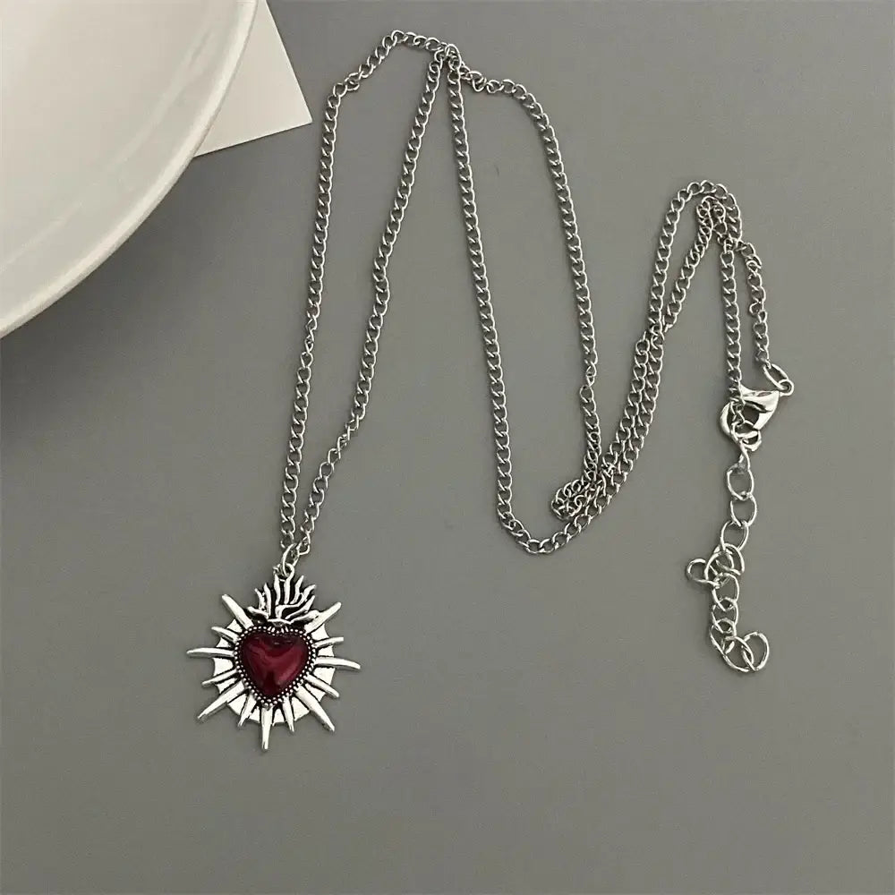 Punk Rock Red Black Heart Pendant Chain Necklace For Men Women Cool Hip Hop Street Vintage Goth Accessories Trendy