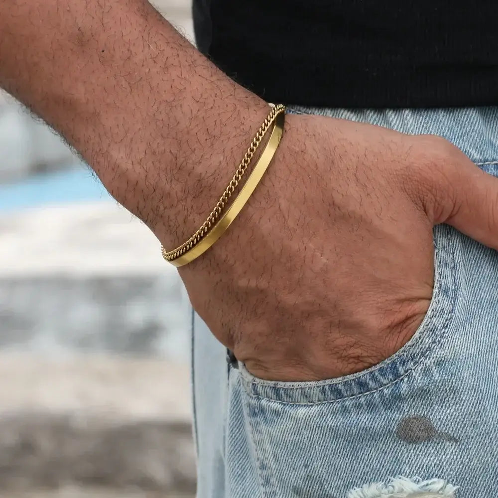 R&Z - 3mm Stainless Steel Cuff Bracelet - GOLD set