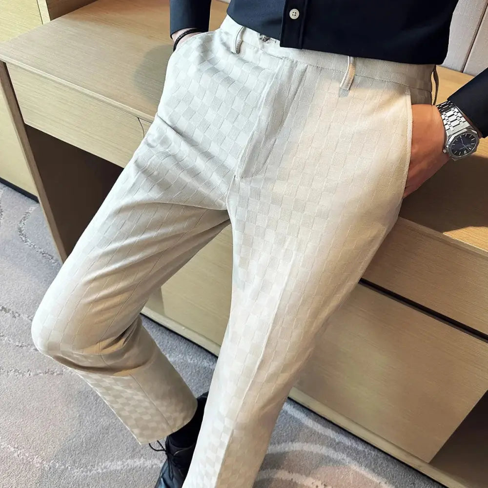 R&z - Casual Plaid Suit Pants Fashion Men’s Slim Fit Business Social Dress Pants Formal Wedding Social Party - Apricot