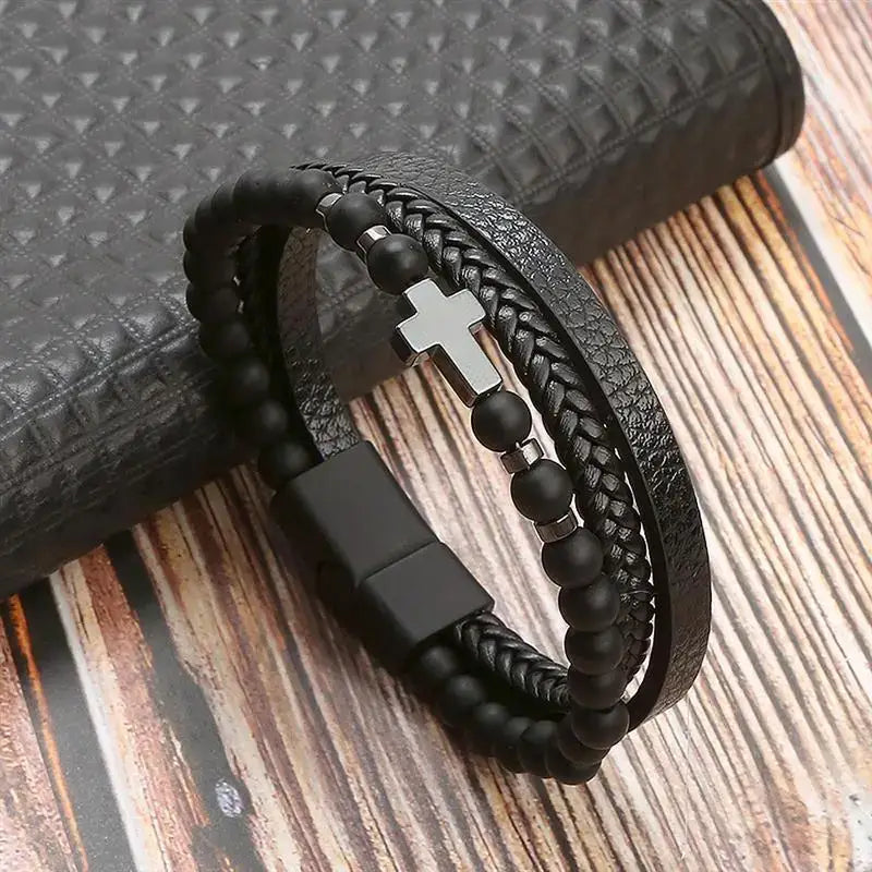 R&Z - Classic Men’s Multi Layer Leather Bracelte - 19cm / H2