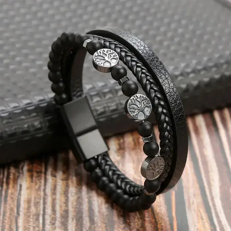 R&Z - Classic Men’s Multi Layer Leather Bracelte - 19cm / I2