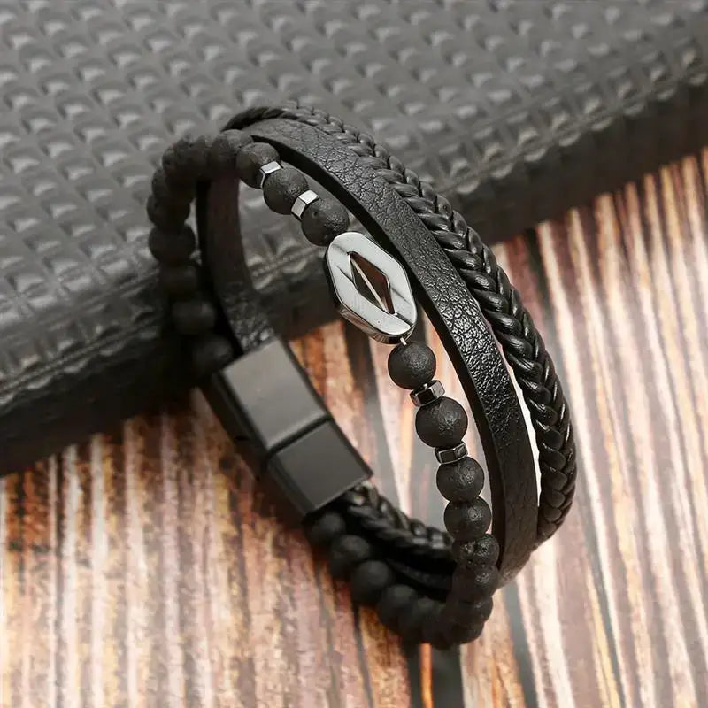 R&Z - Classic Men’s Multi Layer Leather Bracelte - 19cm / J3