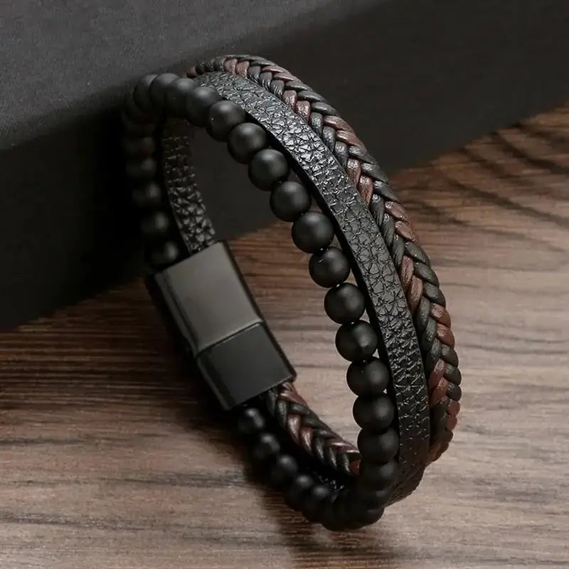 R&Z - Classic Men’s Multi Layer Leather Bracelte - 19cm / K4