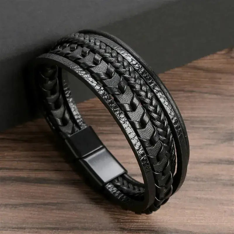R&Z - Classic Men’s Multi Layer Leather Bracelte - 21cm / E1