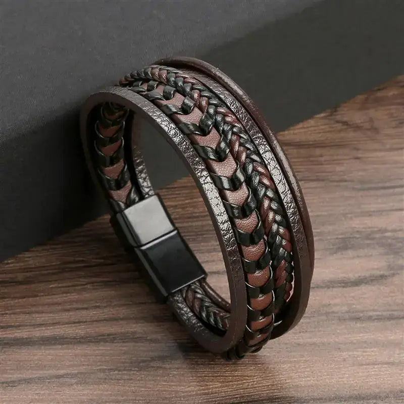 R&Z - Classic Men’s Multi Layer Leather Bracelte - 21cm / E2