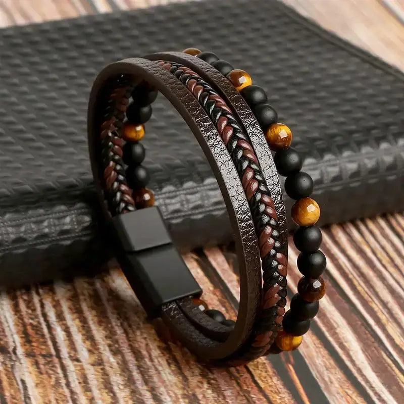 R&Z - Classic Men’s Multi Layer Leather Bracelte - 21cm / F2