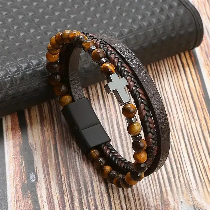 R&Z - Classic Men’s Multi Layer Leather Bracelte - 21cm / H1