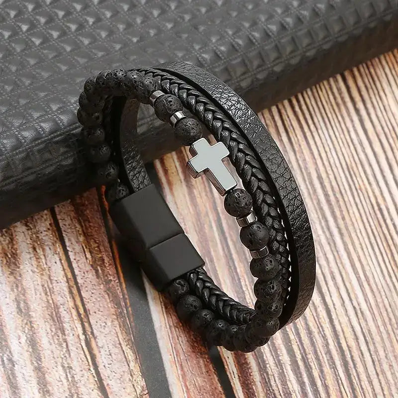 R&Z - Classic Men’s Multi Layer Leather Bracelte - 21cm / H3