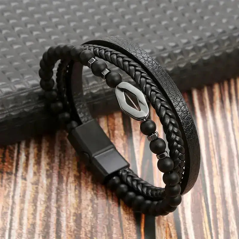 R&Z - Classic Men’s Multi Layer Leather Bracelte - 21cm / J2
