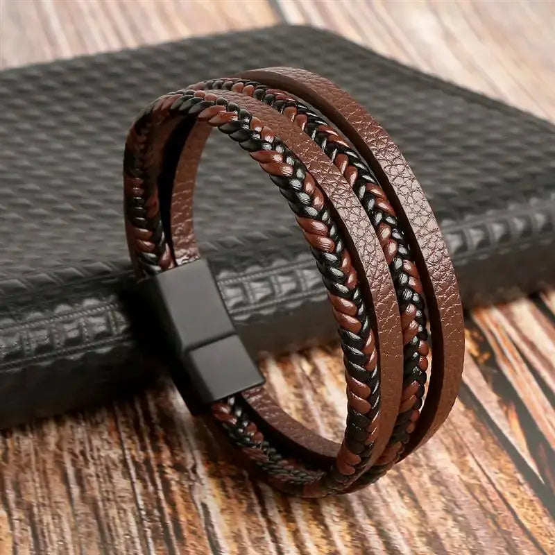 R&Z - Classic Men’s Multi Layer Leather Bracelte - 23cm / G1