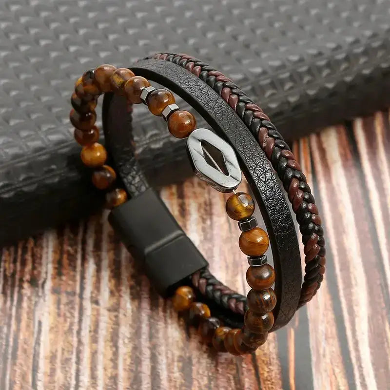 R&Z - Classic Men’s Multi Layer Leather Bracelte - 23cm / J1