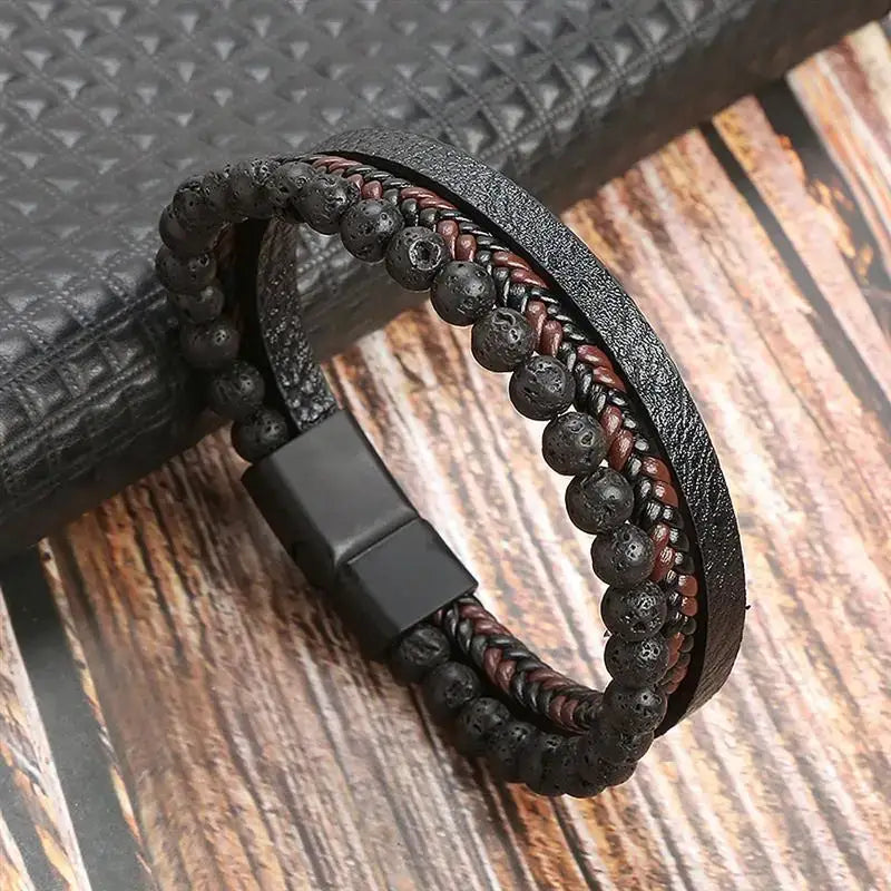 R&Z - Classic Men’s Multi Layer Leather Bracelte - 23cm / K3