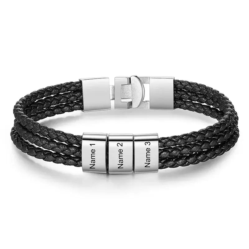 R&Z - Custom Engraved Leather Bracelet - 1 names / Silver