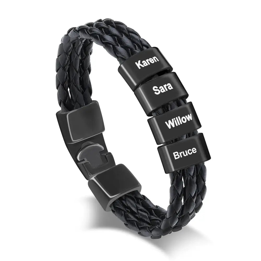 R&Z - Custom Engraved Leather Bracelet - 3 name / Black