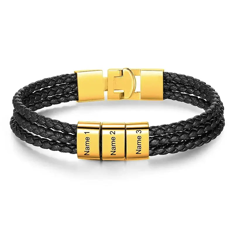 R&Z - Custom Engraved Leather Bracelet - 8 name / Gold