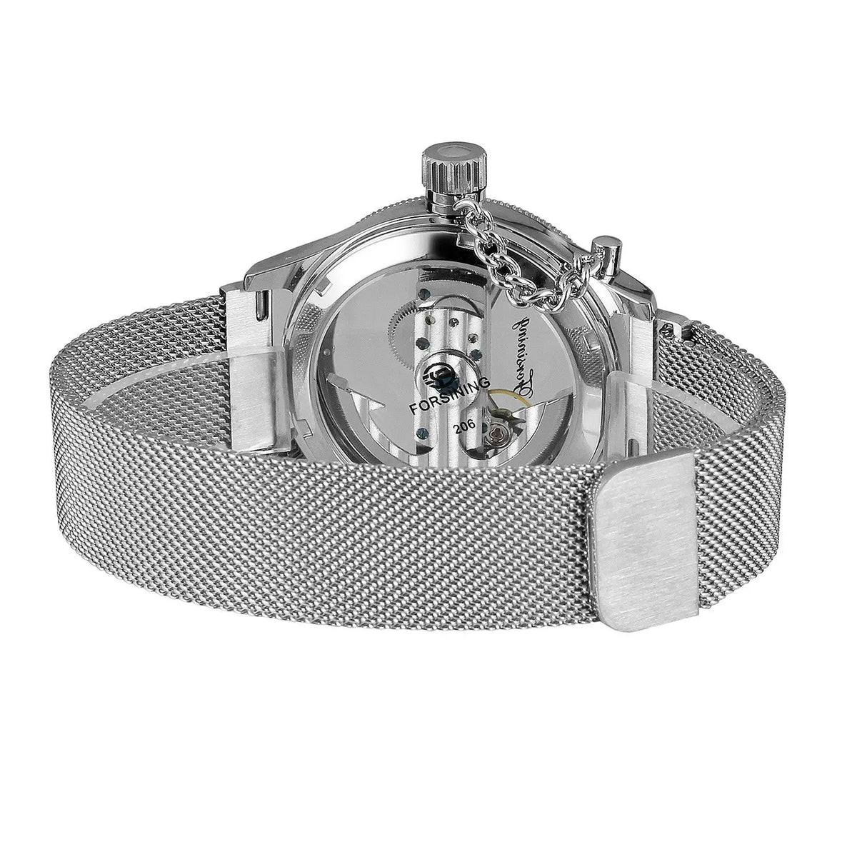 Silver-toned mesh band forsining watch image showing fully automatic hollow mechanical movement and crown