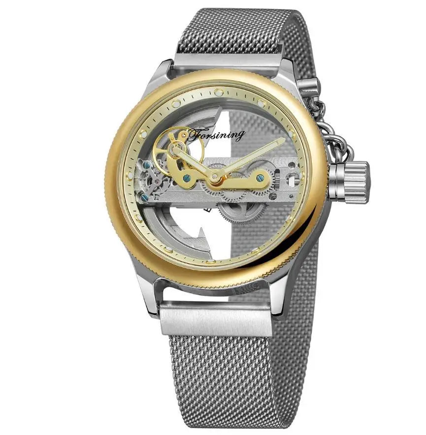 A forsining watch image of a sleek silver and gold fully automatic hollow mechanical watch with a mesh band