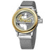 A forsining watch image of a sleek silver and gold fully automatic hollow mechanical watch with a mesh band