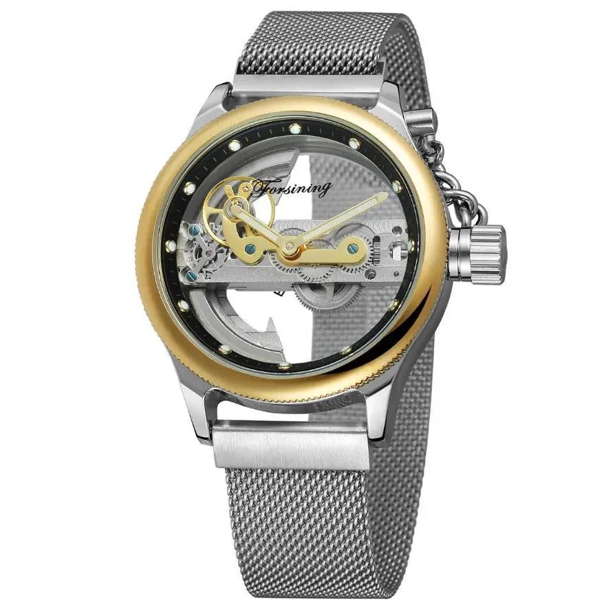 Silver and gold-toned forsining watch image showing a fully automatic hollow mechanical watch with mesh band
