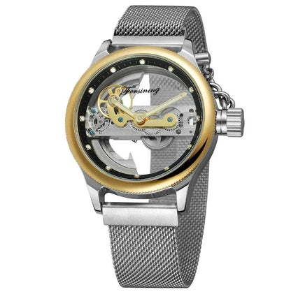 Silver and gold-toned forsining watch image showing a fully automatic hollow mechanical watch with mesh band