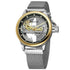 Silver and gold-toned forsining watch image showing a fully automatic hollow mechanical watch with mesh band