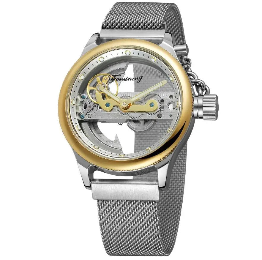 Silver and gold-tone forsining watch image featuring a fully automatic hollow mechanical watch with mesh band