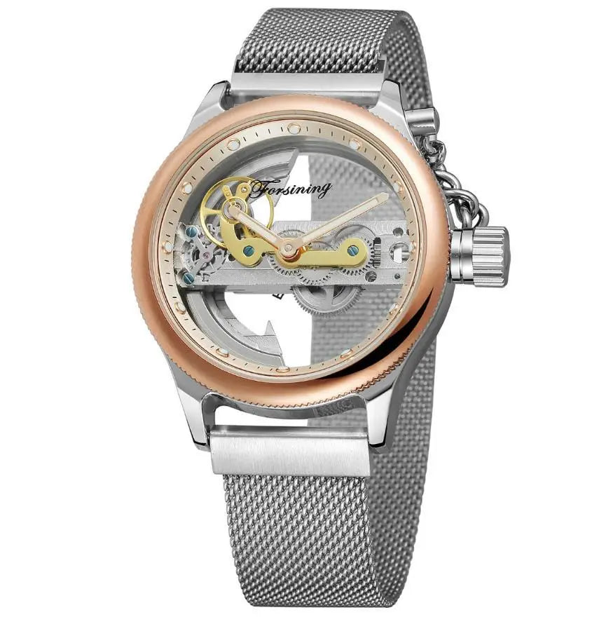A forsining watch image of a fully automatic hollow mechanical watch with rose gold bezel and silver mesh band