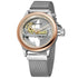A forsining watch image of a fully automatic hollow mechanical watch with rose gold bezel and silver mesh band